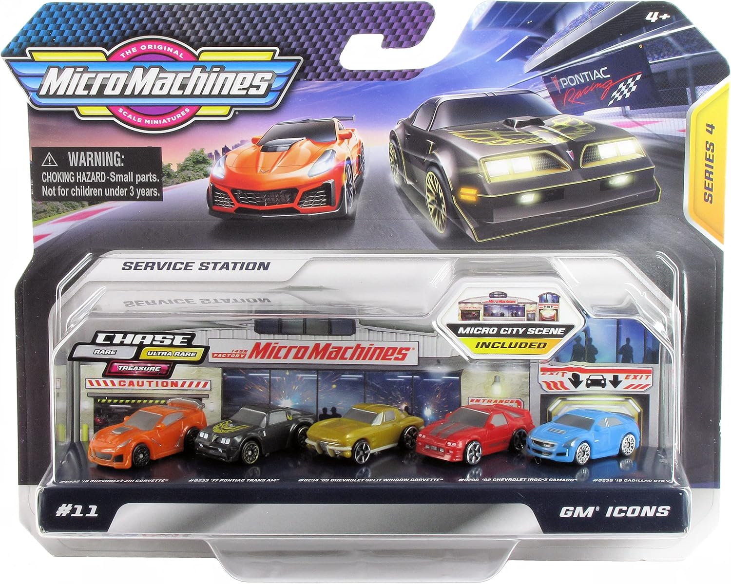 Micro Machines Series 4 World Pack number 11 GM Icons with five General Motors cars in front of a service station scene
