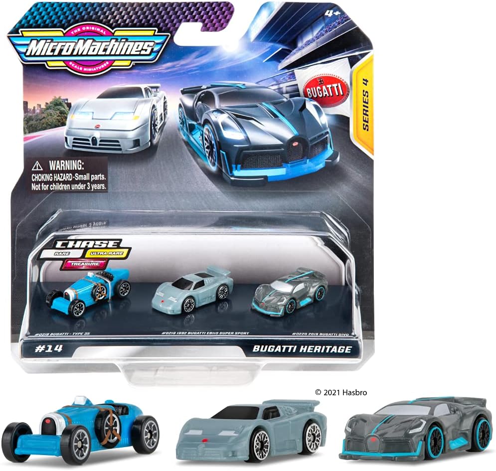 Micro Machines Bugatti Heritage pack number 14 with a blue Type 35, silver EB110 Super Sport and gray Divo