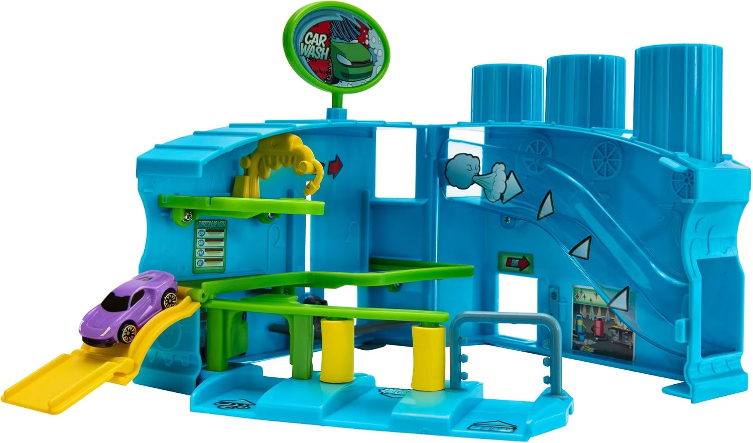 Micro Machines Car Wash Station core playset in blue and green with a purple car on the entry ramp