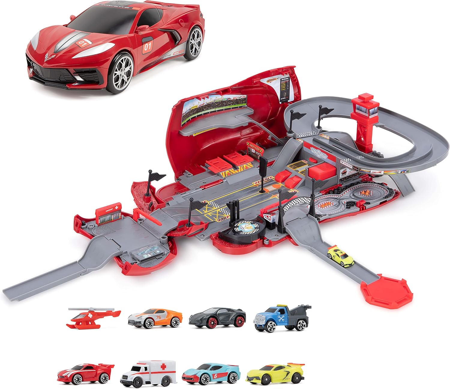 Micro Machines Corvette Raceway playset shown closed as a red Corvette and opened into a full race track layout with vehicles