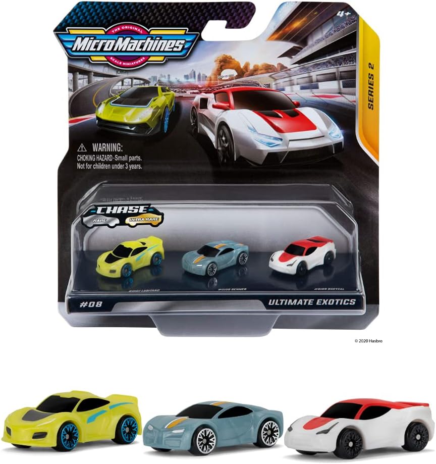 Micro Machines Series 2 pack number 08 Ultimate Exotics on the card, with the three loose cars shown below in yellow, ice blue and white