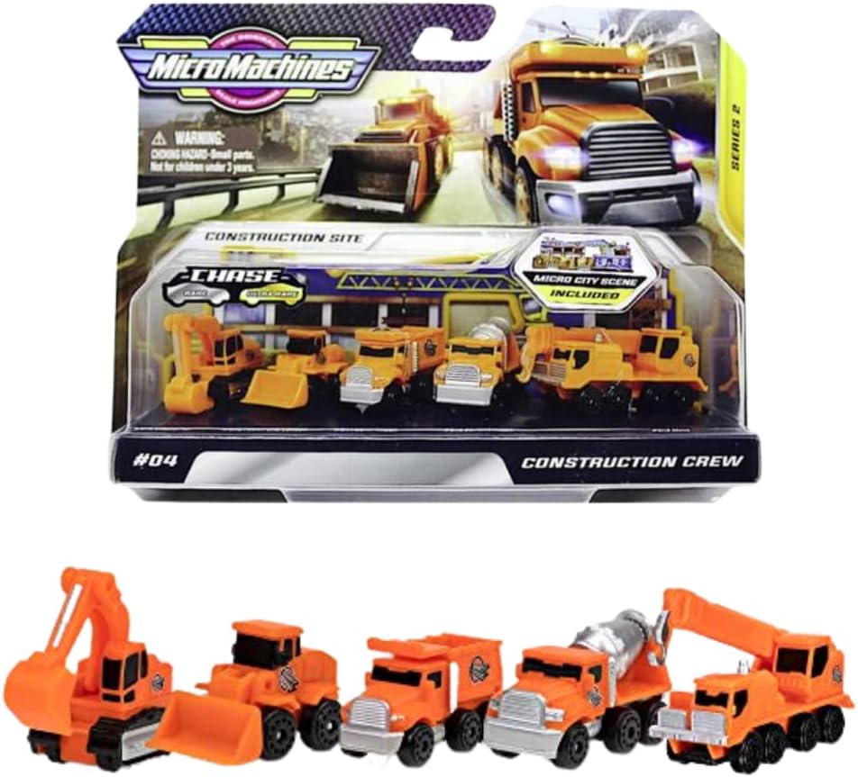 Micro Machines Construction Crew pack number 04 with five orange construction vehicles below the card