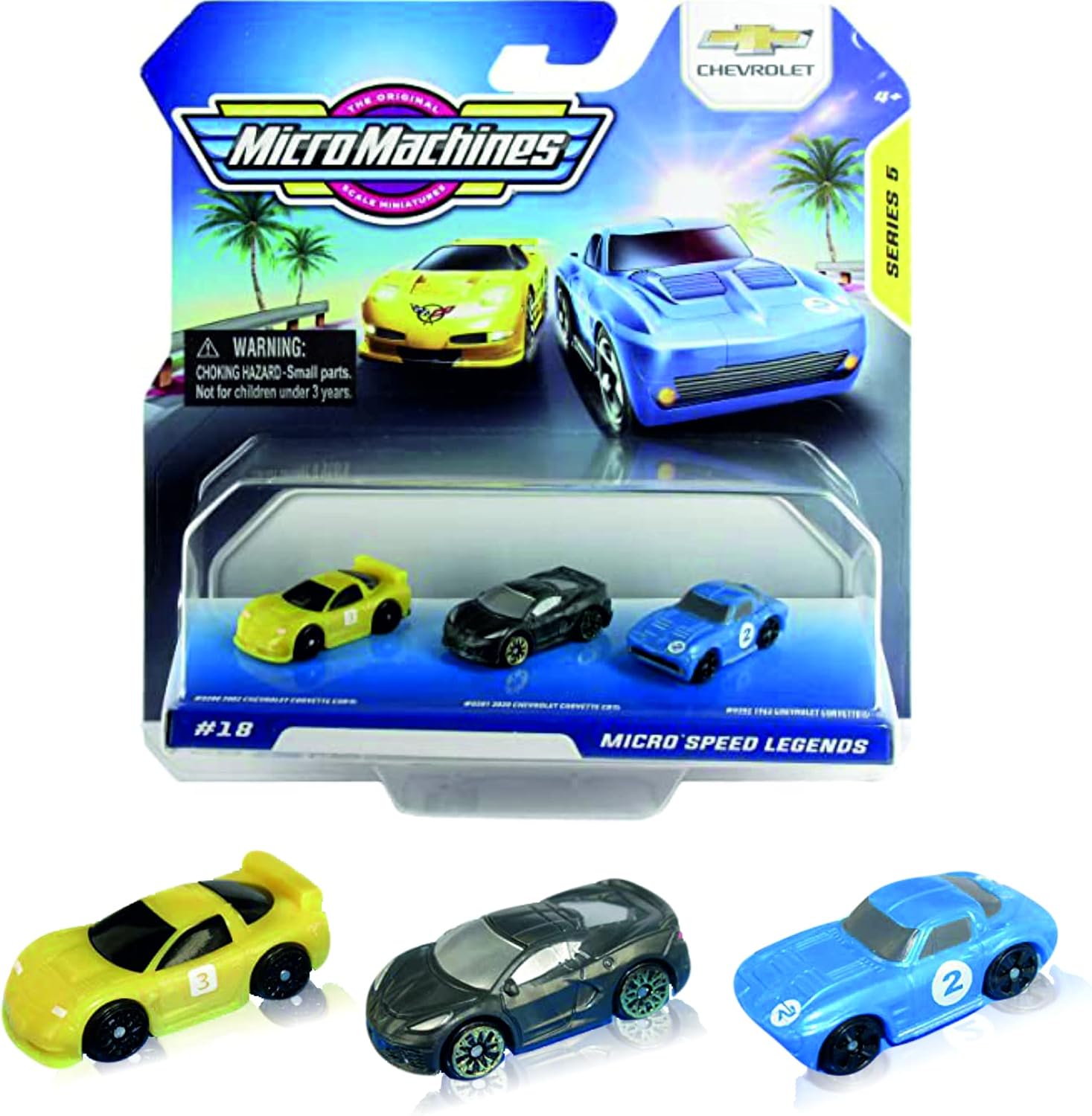 Micro Machines Series 5 pack number 18 Micro Speed Legends with Chevrolet branding and three Corvette generations on the card