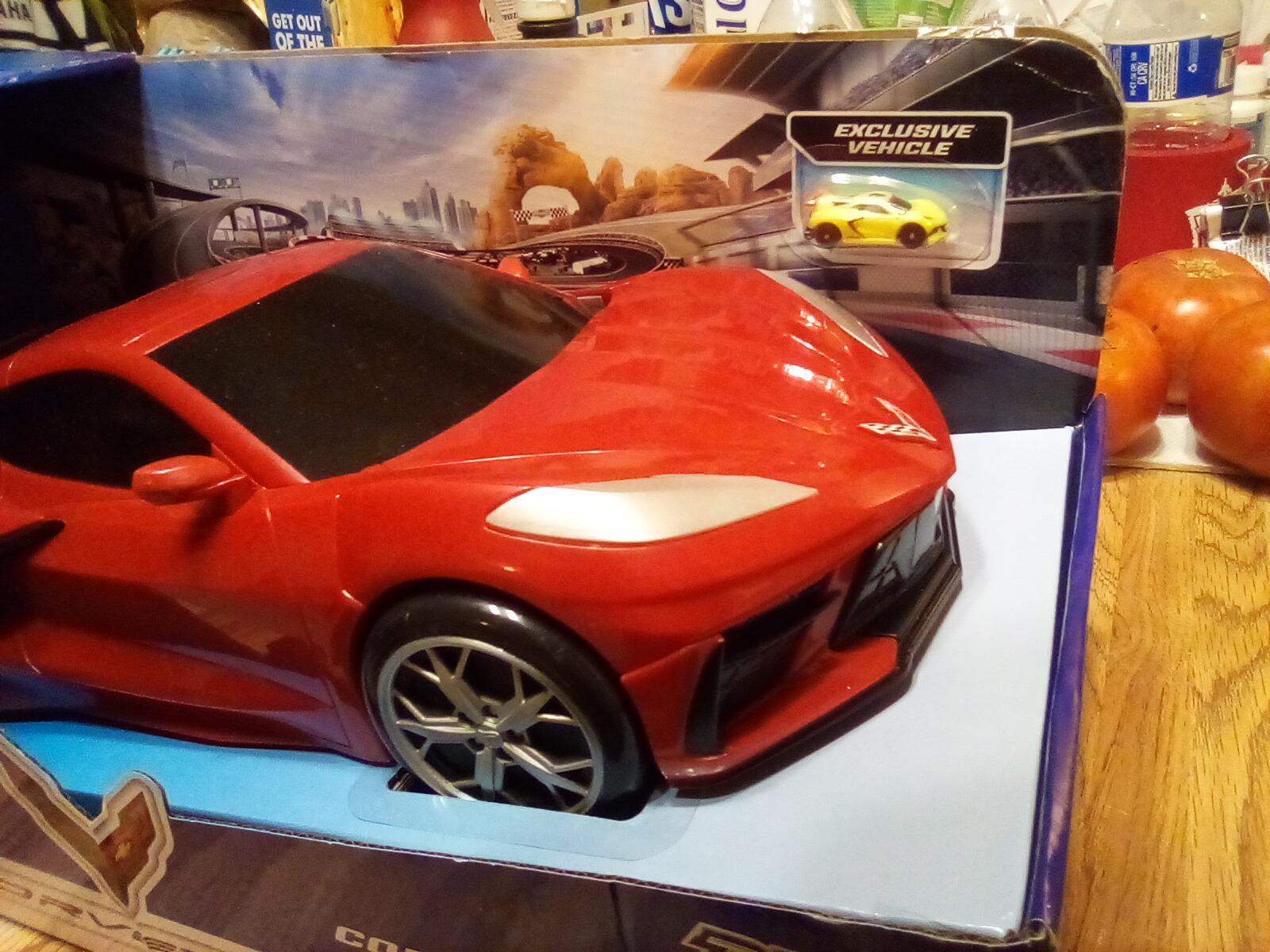 Customer photo of the closed Corvette Raceway playset in its box with the exclusive yellow vehicle